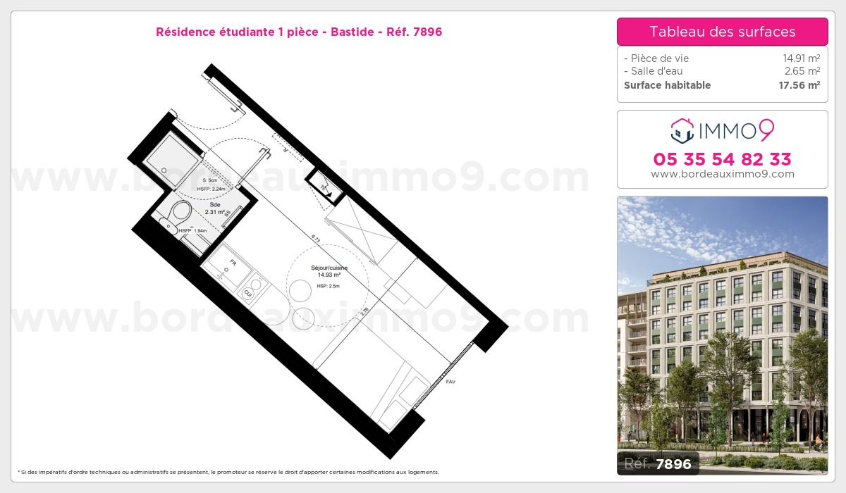 Plan et surfaces, Programme neuf Bordeaux : Bastide Référence n° 7896