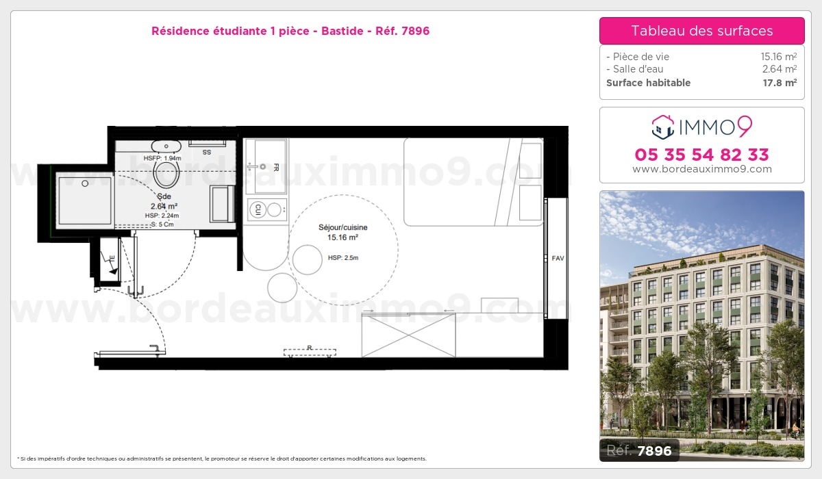 Plan et surfaces, Programme neuf Bordeaux : Bastide Référence n° 7896