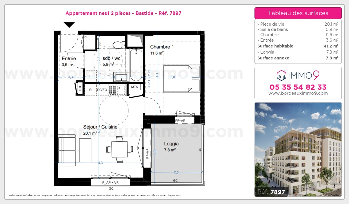 Plan et surfaces, Programme neuf Bordeaux : Bastide Référence n° 7897