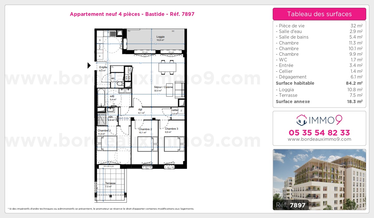 Plan et surfaces, Programme neuf Bordeaux : Bastide Référence n° 7897
