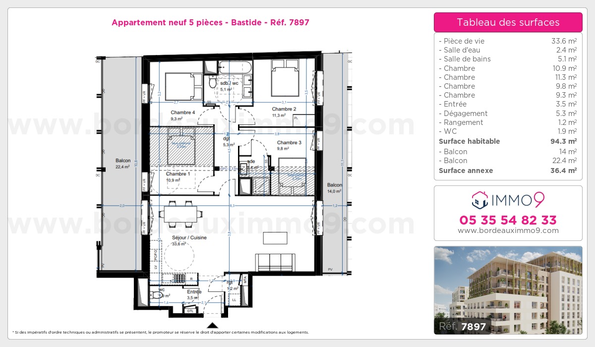 Plan et surfaces, Programme neuf Bordeaux : Bastide Référence n° 7897