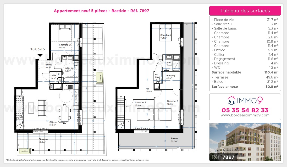 Plan et surfaces, Programme neuf Bordeaux : Bastide Référence n° 7897