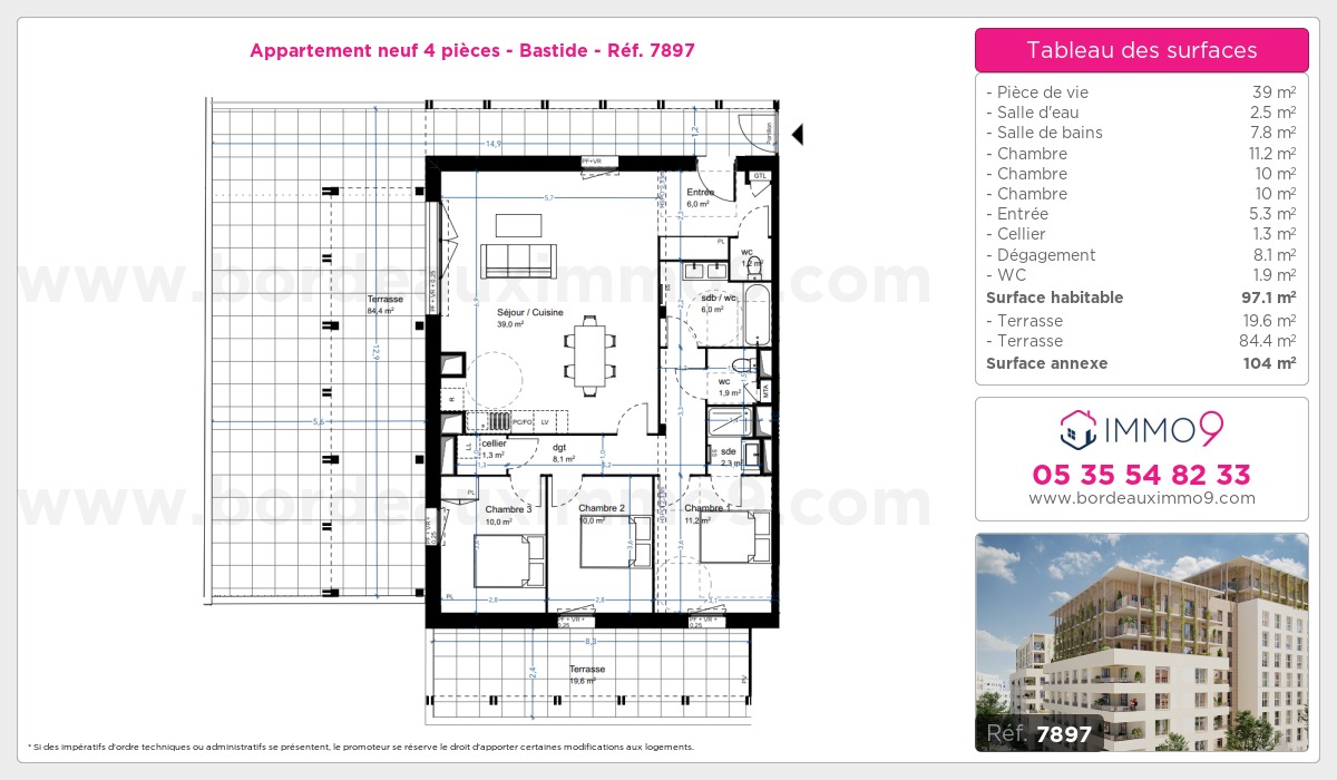 Plan et surfaces, Programme neuf Bordeaux : Bastide Référence n° 7897