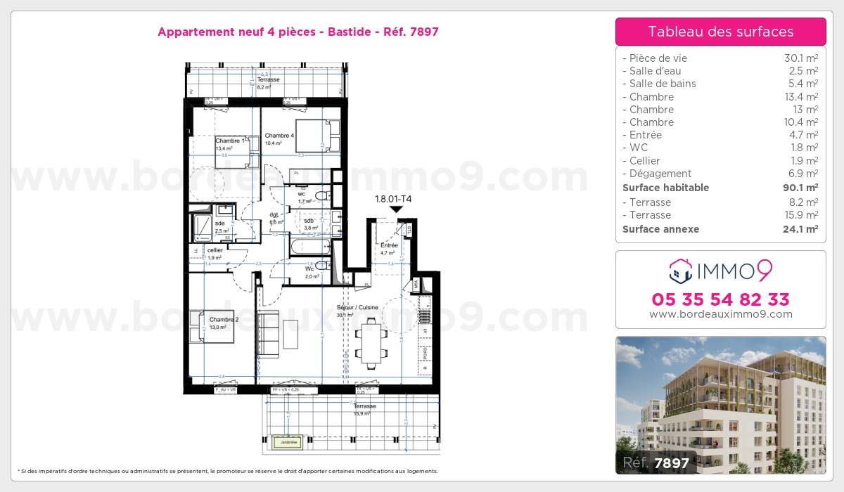Plan et surfaces, Programme neuf Bordeaux : Bastide Référence n° 7897