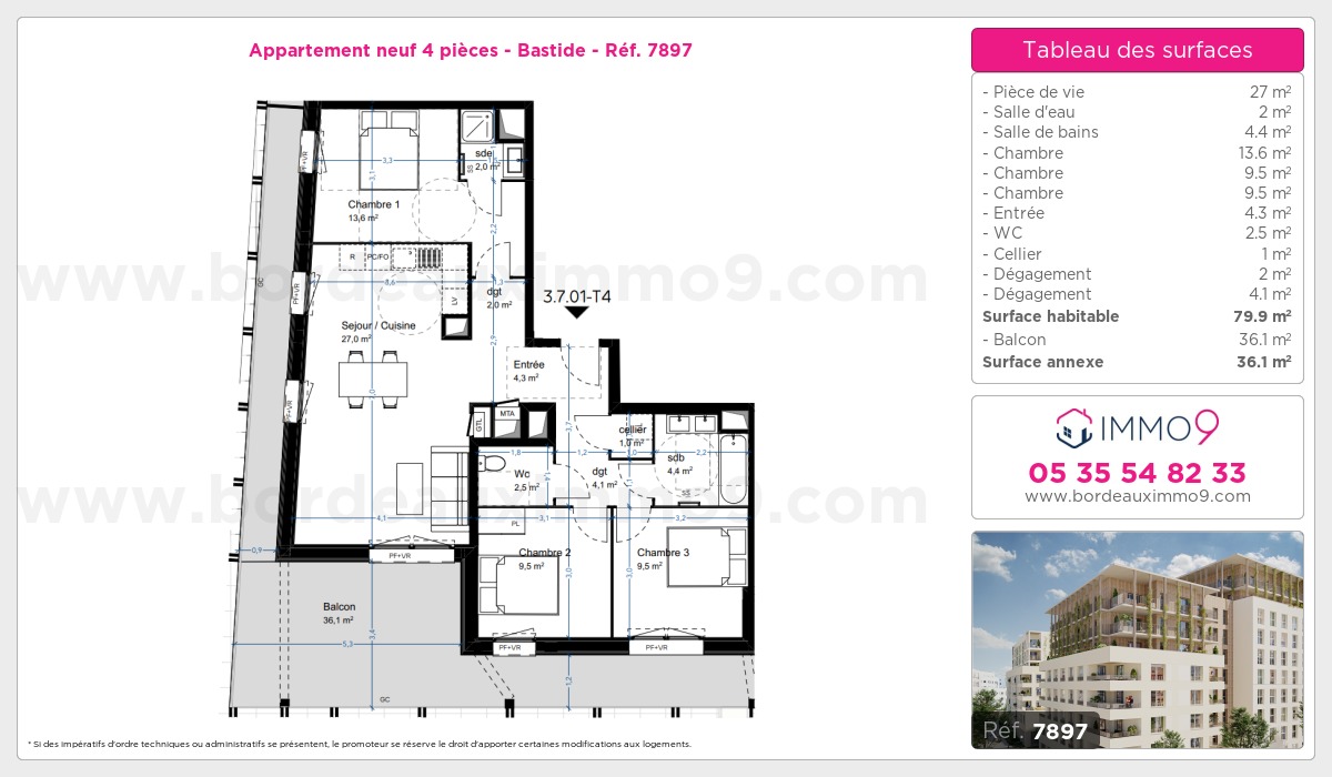 Plan et surfaces, Programme neuf Bordeaux : Bastide Référence n° 7897