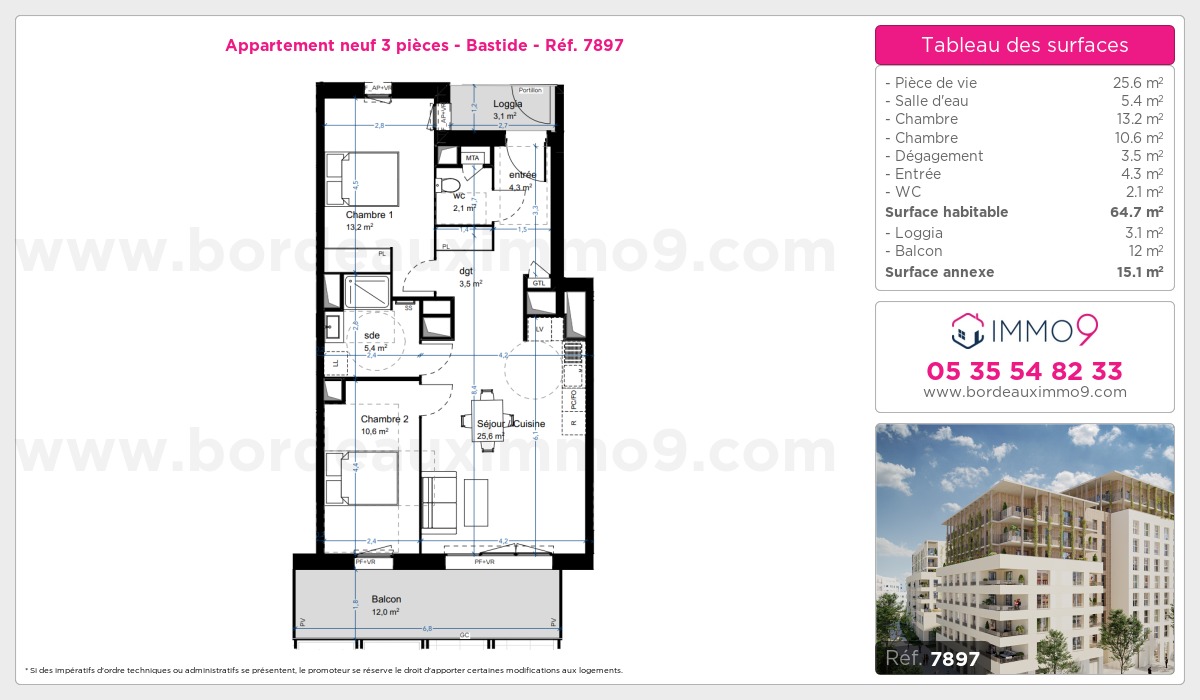 Plan et surfaces, Programme neuf Bordeaux : Bastide Référence n° 7897