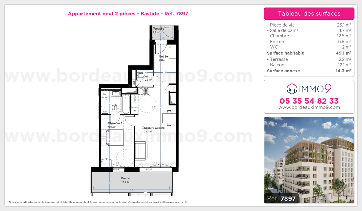 Plan et surfaces, Programme neuf Bordeaux : Bastide Référence n° 7897
