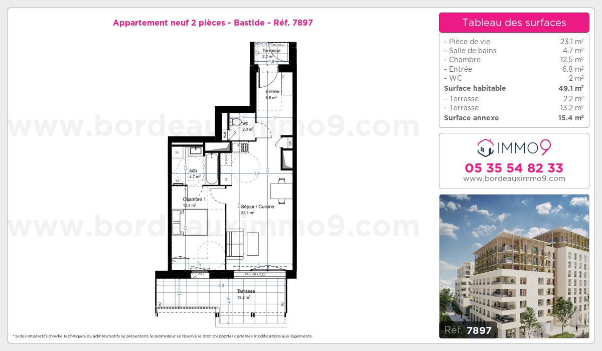 Plan et surfaces, Programme neuf Bordeaux : Bastide Référence n° 7897
