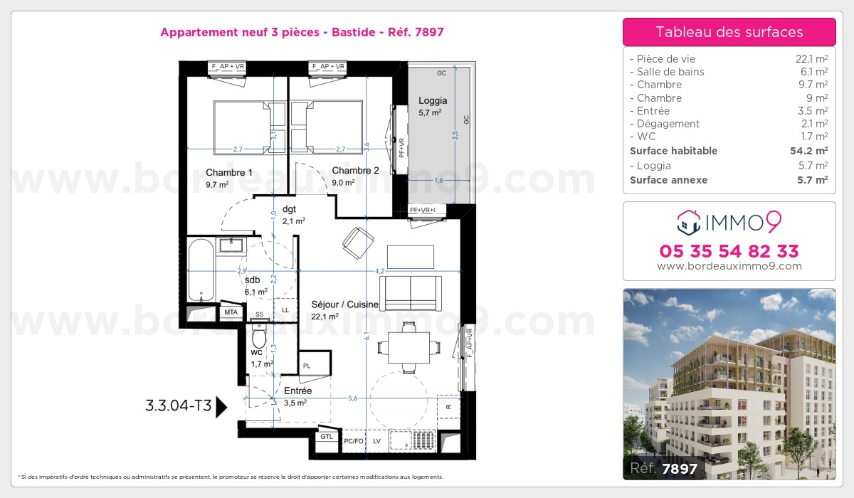 Plan et surfaces, Programme neuf Bordeaux : Bastide Référence n° 7897