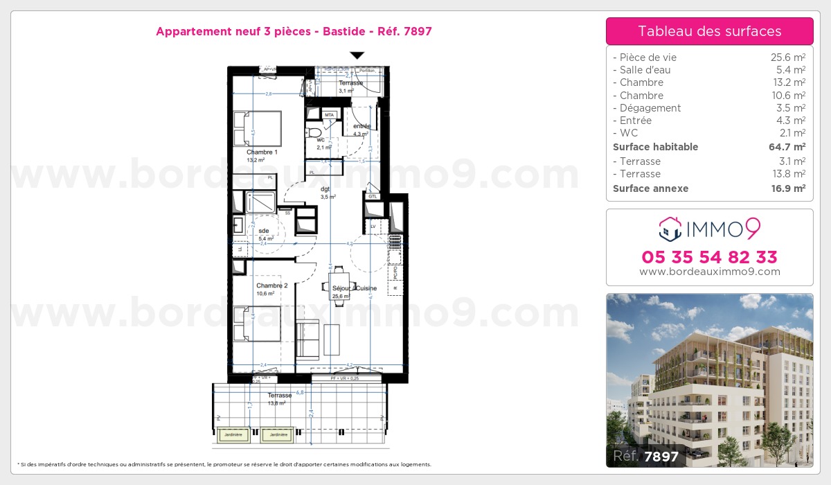 Plan et surfaces, Programme neuf Bordeaux : Bastide Référence n° 7897