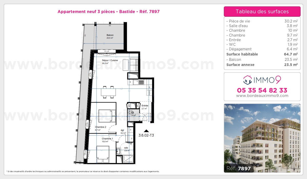 Plan et surfaces, Programme neuf Bordeaux : Bastide Référence n° 7897