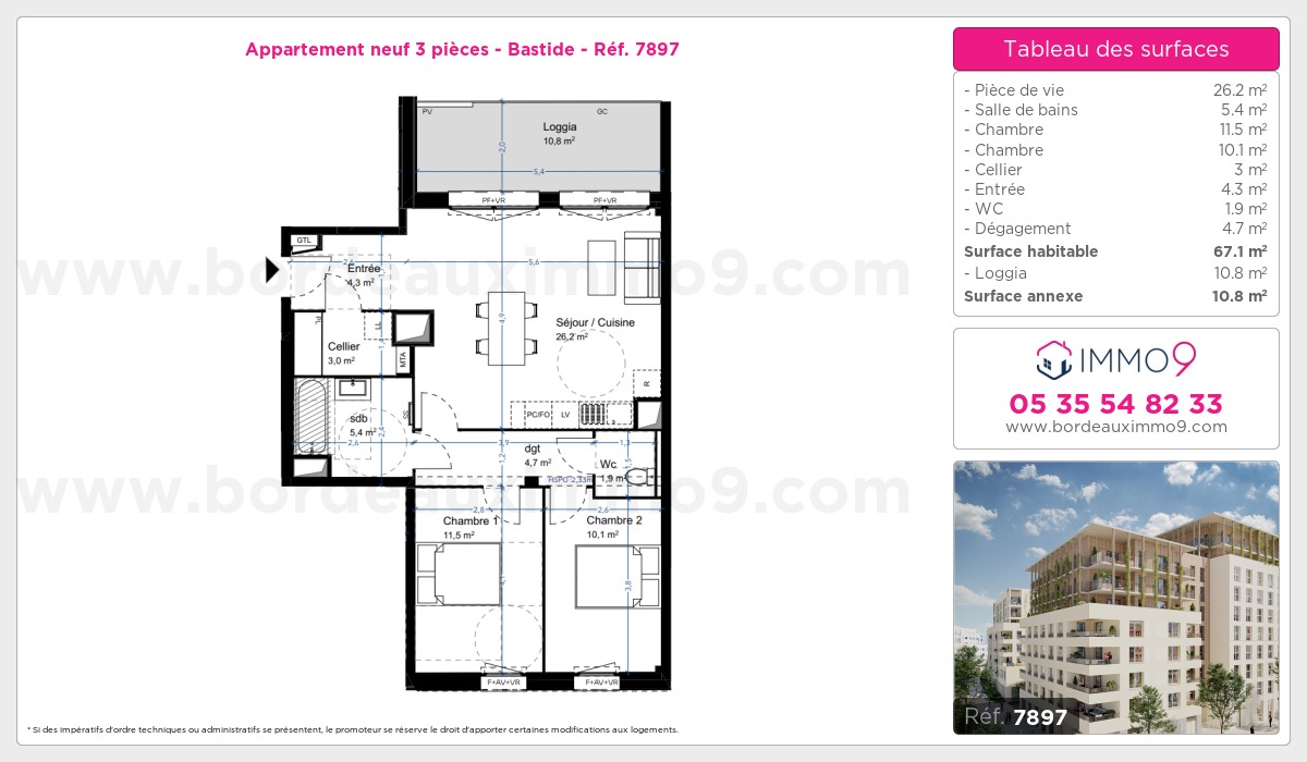 Plan et surfaces, Programme neuf Bordeaux : Bastide Référence n° 7897