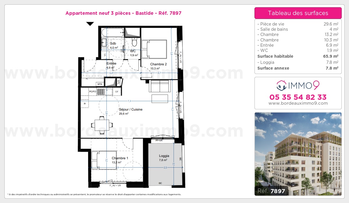Plan et surfaces, Programme neuf Bordeaux : Bastide Référence n° 7897
