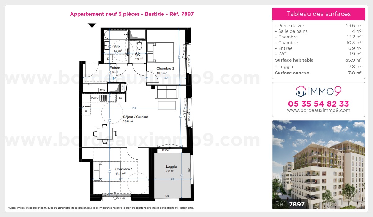 Plan et surfaces, Programme neuf Bordeaux : Bastide Référence n° 7897