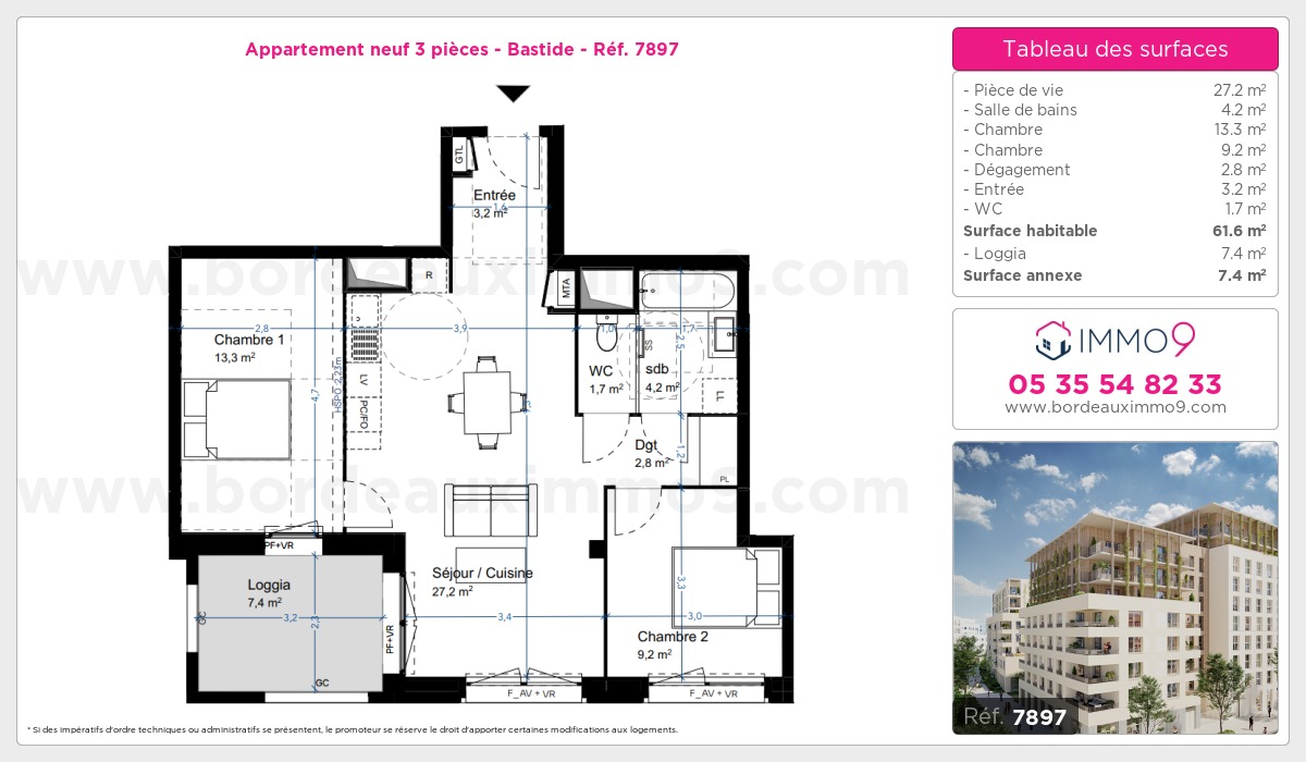 Plan et surfaces, Programme neuf Bordeaux : Bastide Référence n° 7897