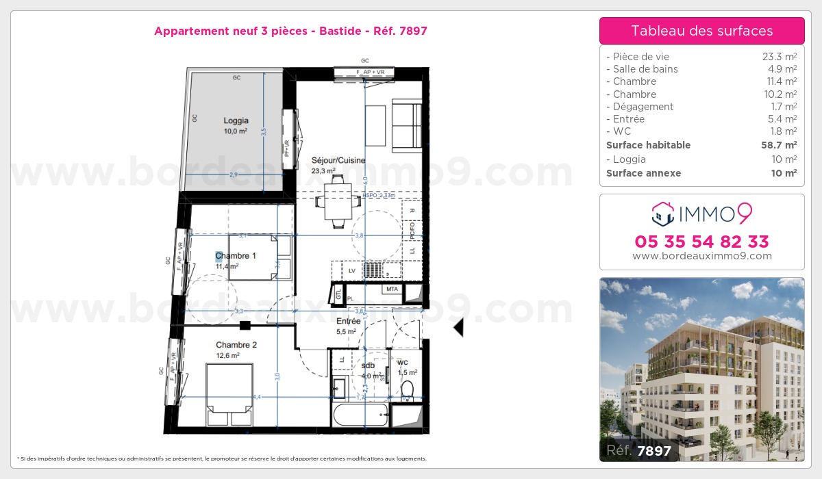 Plan et surfaces, Programme neuf Bordeaux : Bastide Référence n° 7897