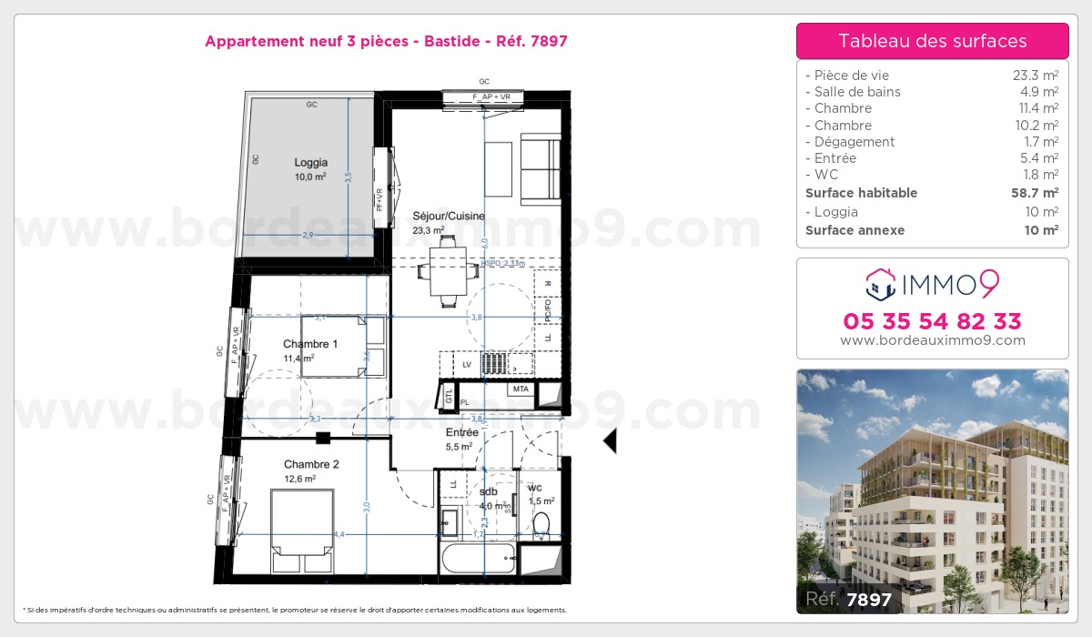 Plan et surfaces, Programme neuf Bordeaux : Bastide Référence n° 7897