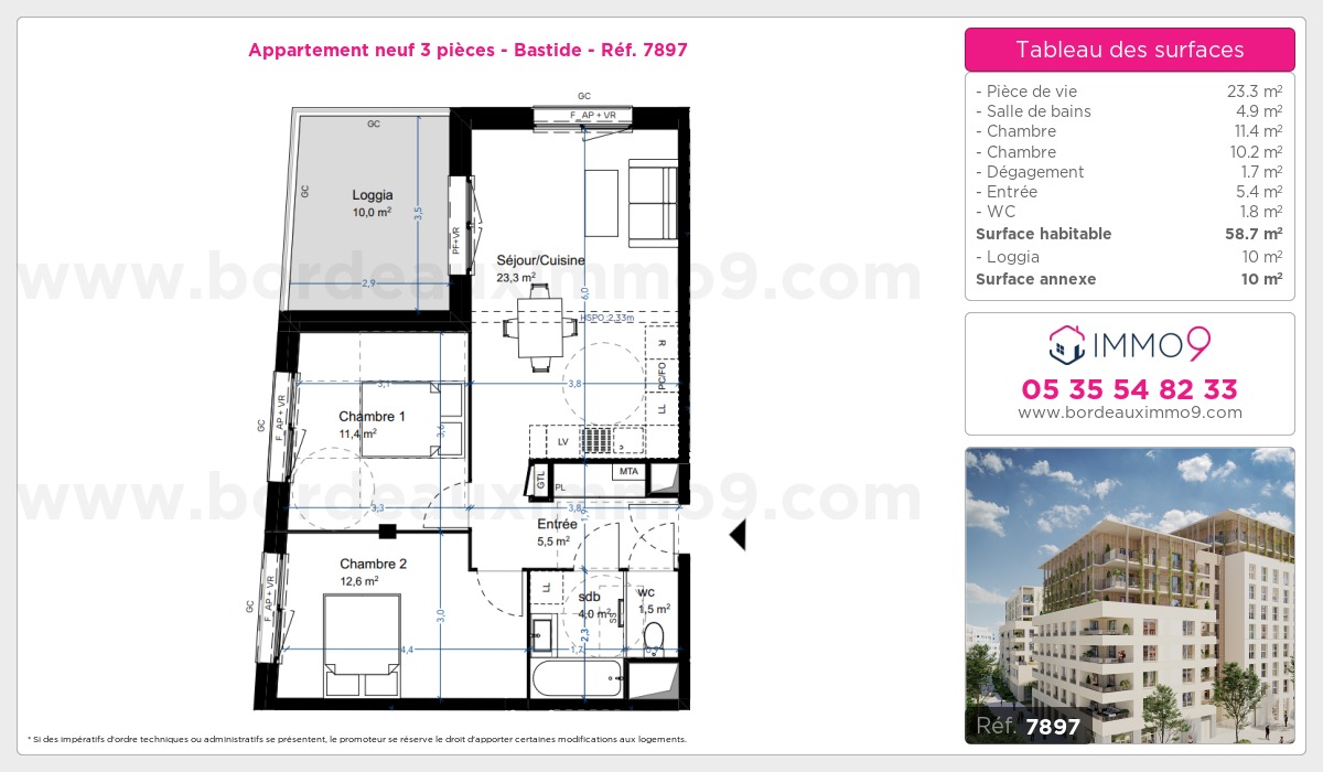 Plan et surfaces, Programme neuf Bordeaux : Bastide Référence n° 7897