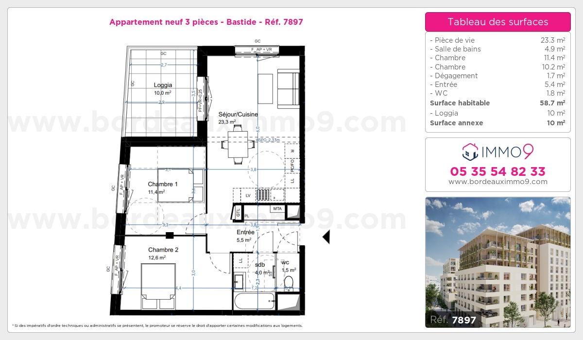 Plan et surfaces, Programme neuf Bordeaux : Bastide Référence n° 7897