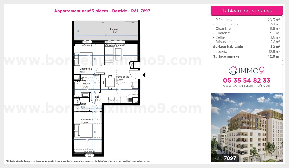 Plan et surfaces, Programme neuf Bordeaux : Bastide Référence n° 7897