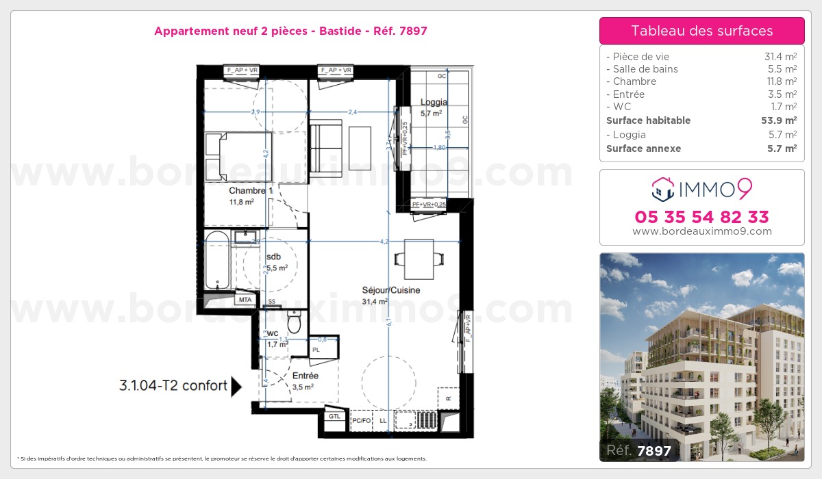 Plan et surfaces, Programme neuf Bordeaux : Bastide Référence n° 7897