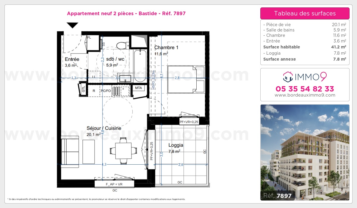 Plan et surfaces, Programme neuf Bordeaux : Bastide Référence n° 7897