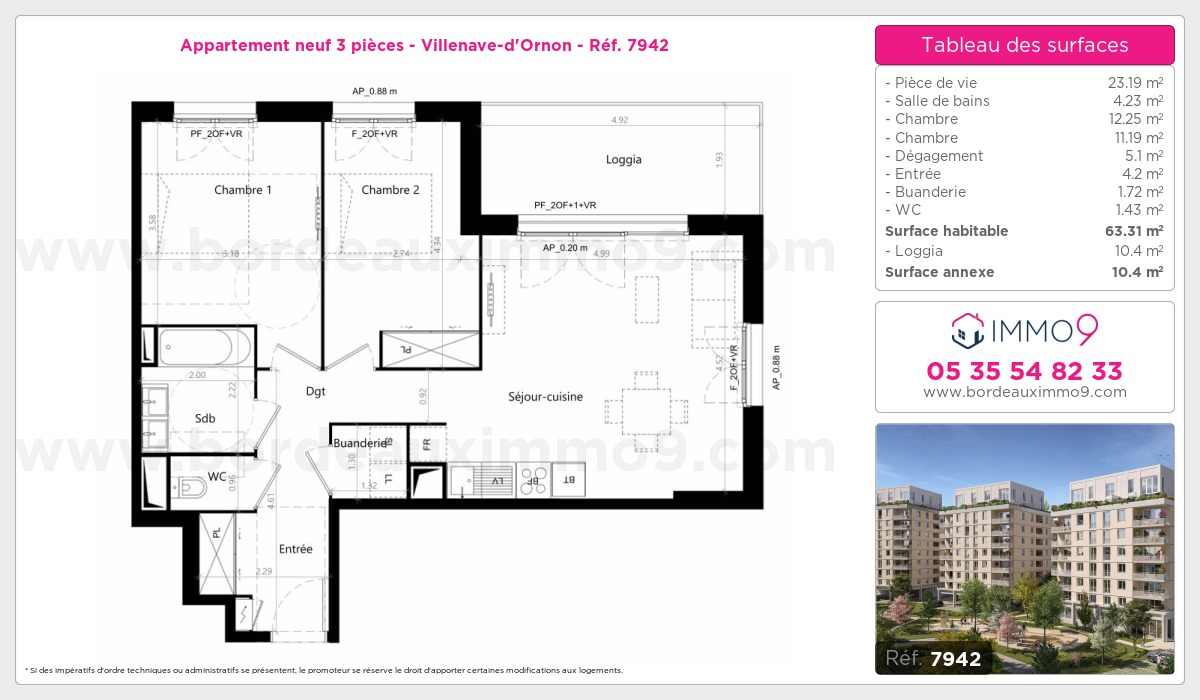 Plan et surfaces, Programme neuf Villenave-d'Ornon Référence n° 7942