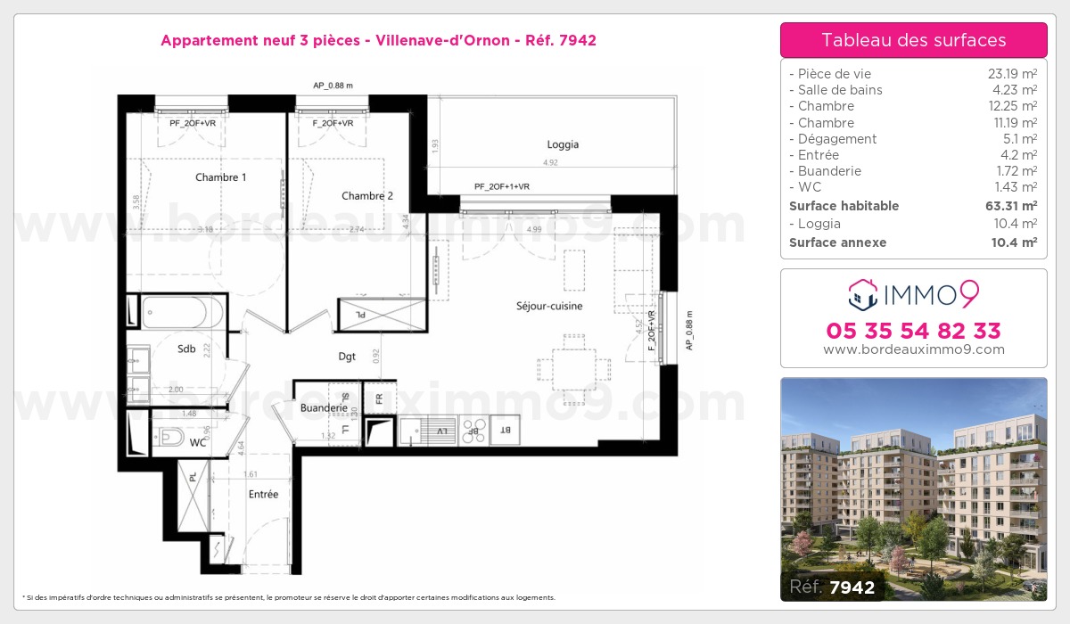 Plan et surfaces, Programme neuf Villenave-d'Ornon Référence n° 7942