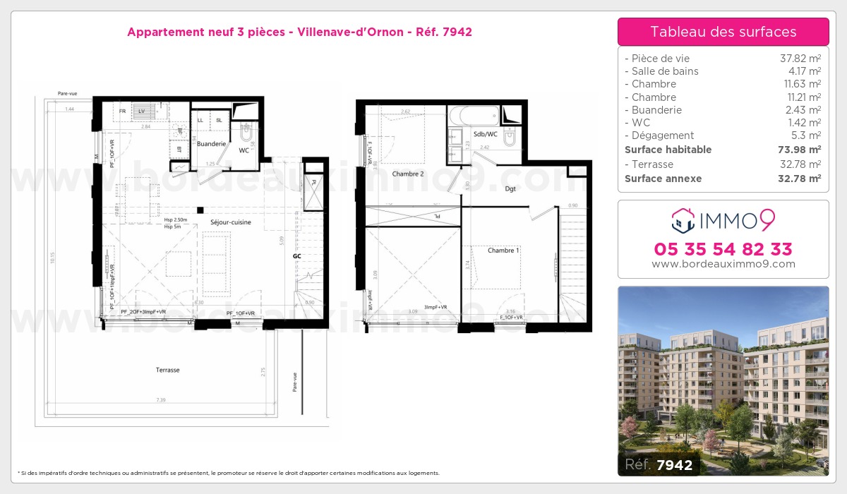Plan et surfaces, Programme neuf Villenave-d'Ornon Référence n° 7942