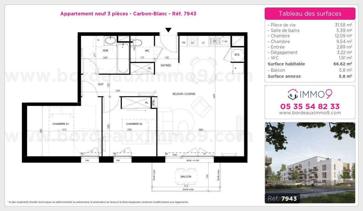 Plan et surfaces, Programme neuf Carbon-Blanc Référence n° 7943