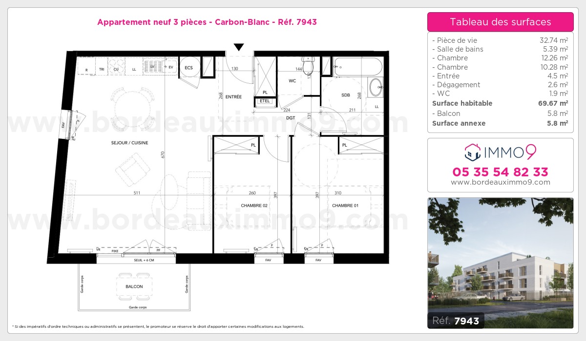 Plan et surfaces, Programme neuf Carbon-Blanc Référence n° 7943