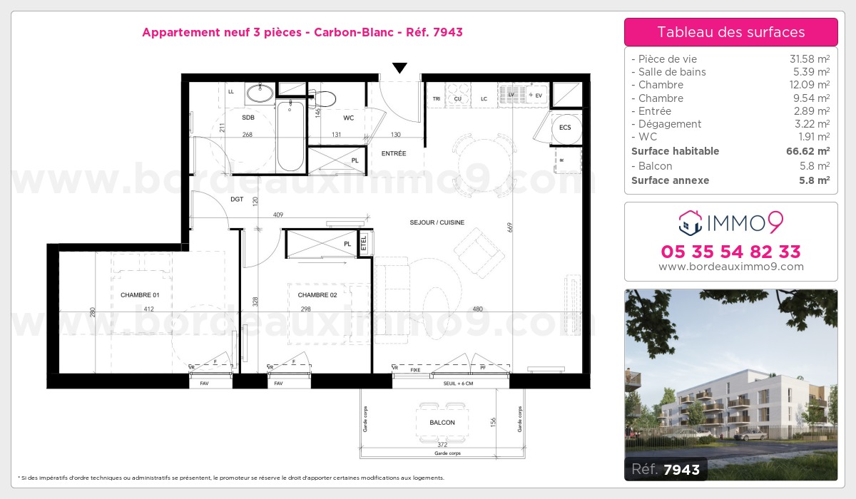 Plan et surfaces, Programme neuf Carbon-Blanc Référence n° 7943