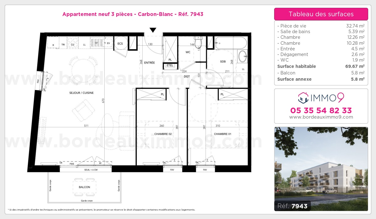 Plan et surfaces, Programme neuf Carbon-Blanc Référence n° 7943