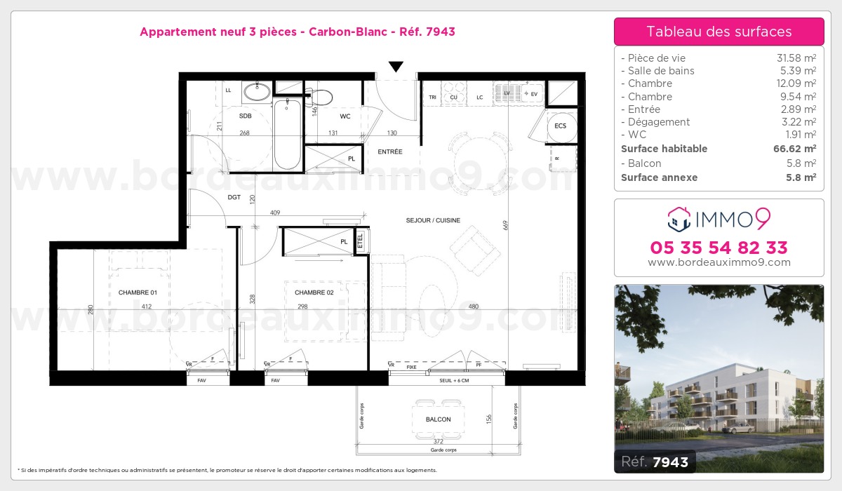 Plan et surfaces, Programme neuf Carbon-Blanc Référence n° 7943