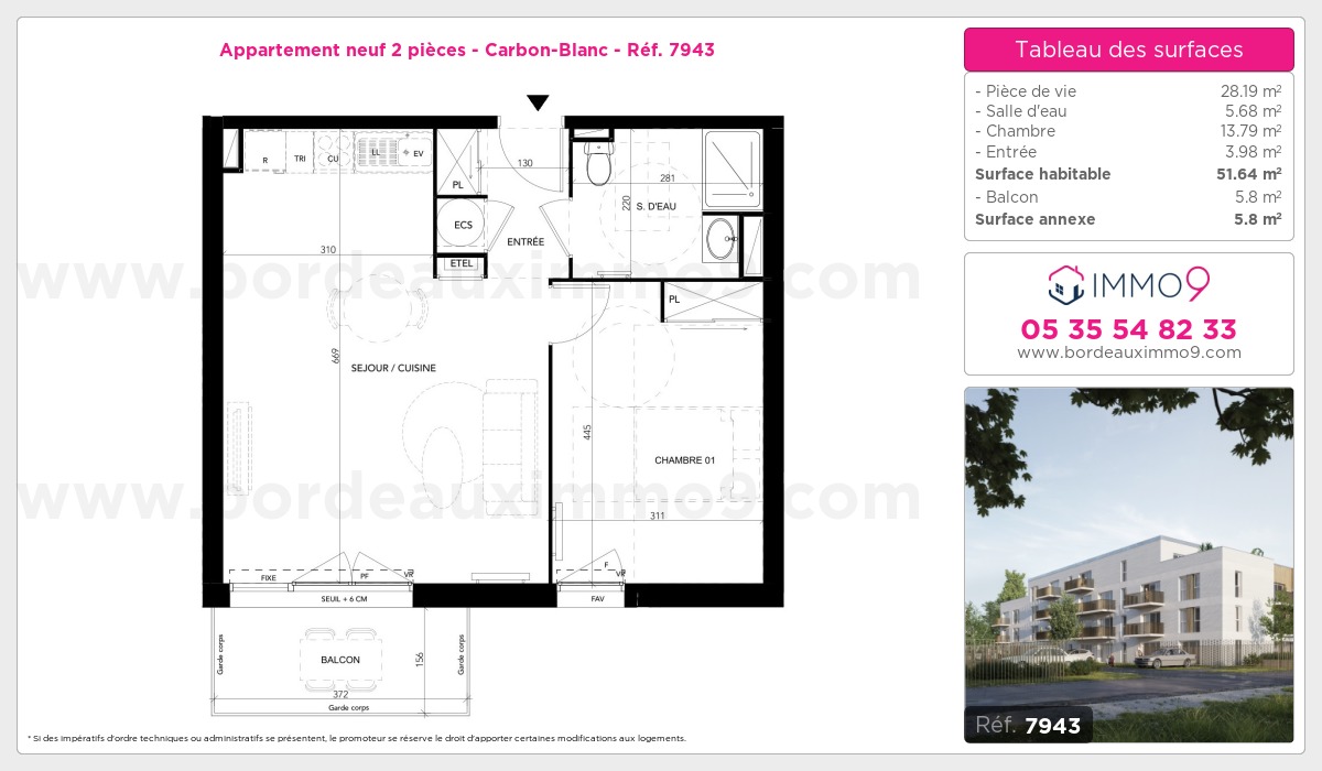 Plan et surfaces, Programme neuf Carbon-Blanc Référence n° 7943