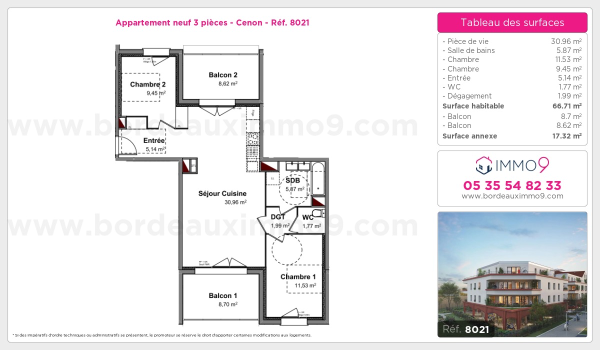 Plan et surfaces, Programme neuf Cenon Référence n° 8021