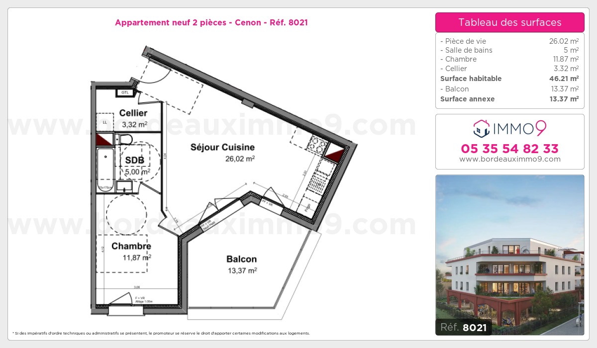 Plan et surfaces, Programme neuf Cenon Référence n° 8021