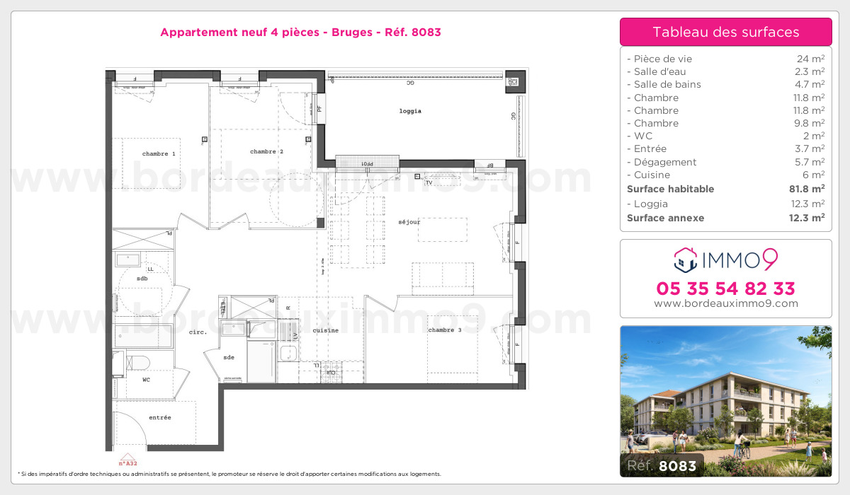 Plan et surfaces, Programme neuf Bruges Référence n° 8083