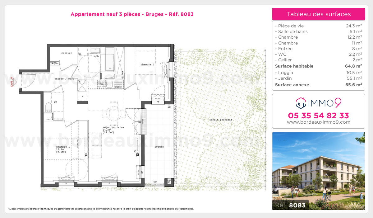 Plan et surfaces, Programme neuf Bruges Référence n° 8083