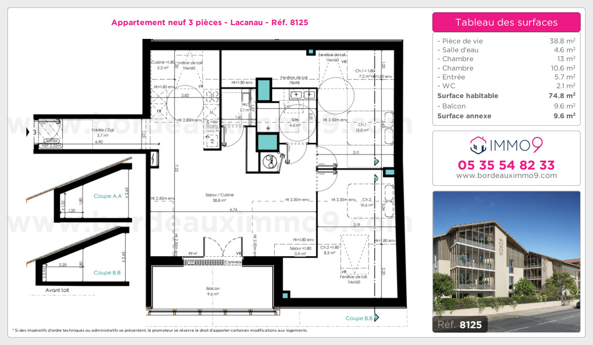 Plan et surfaces, Programme neuf Lacanau Référence n° 8125