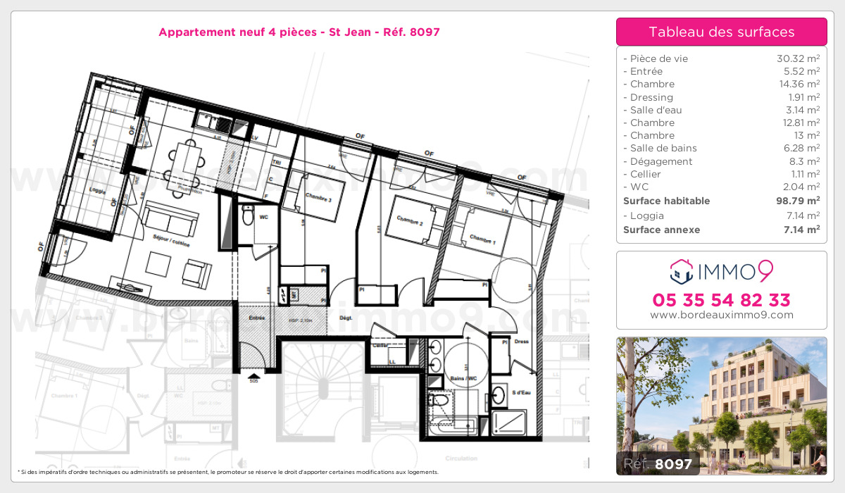 Plan et surfaces, Programme neuf Bordeaux : St Jean Référence n° 8097