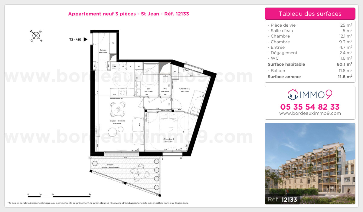 Plan et surfaces, Programme neuf Bordeaux : St Jean Référence n° 12133