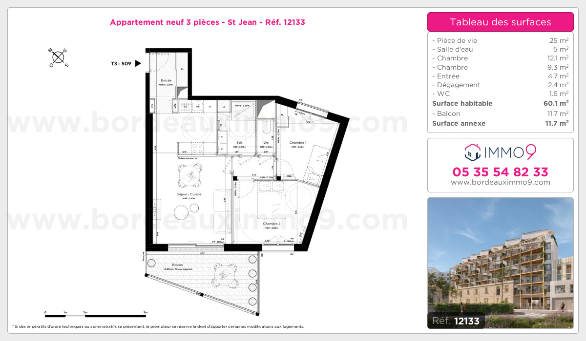 Plan et surfaces, Programme neuf Bordeaux : St Jean Référence n° 12133