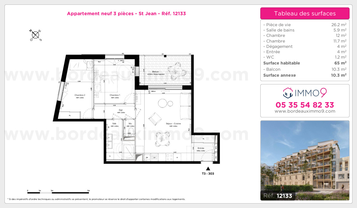 Plan et surfaces, Programme neuf Bordeaux : St Jean Référence n° 12133