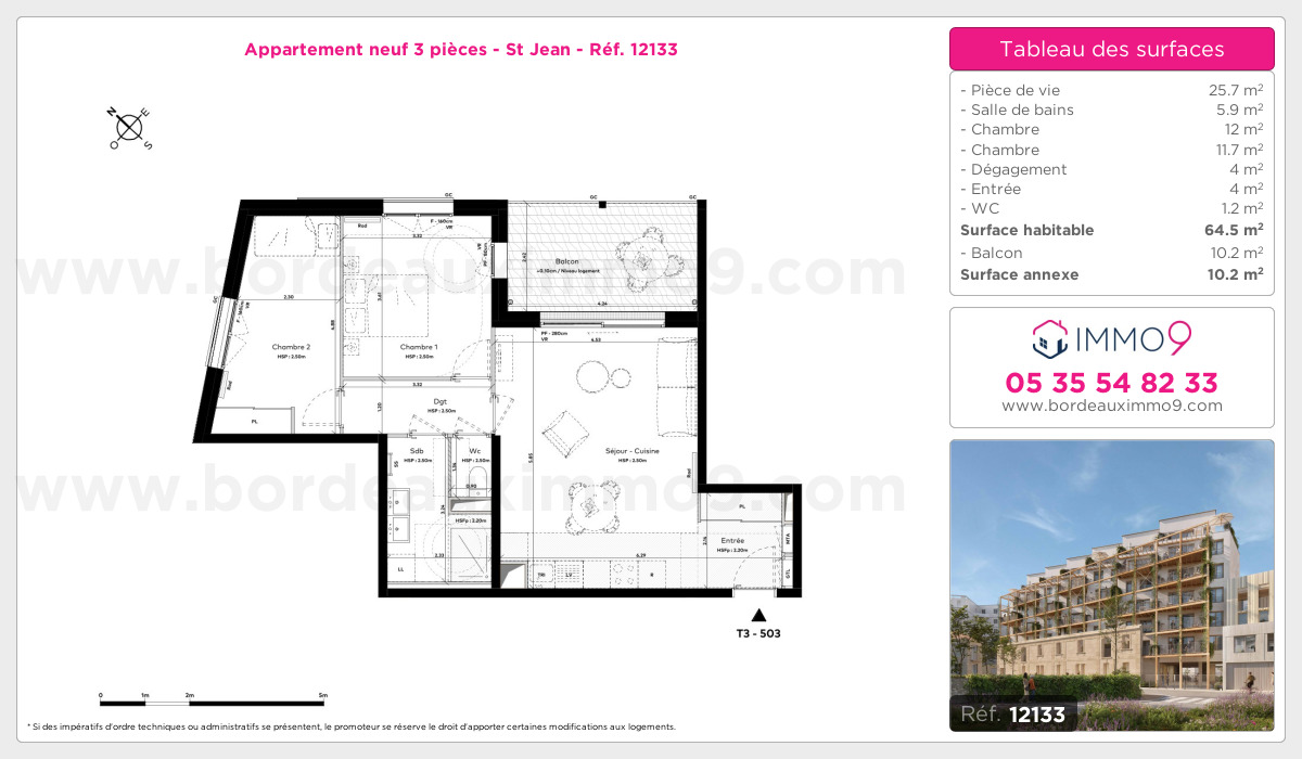 Plan et surfaces, Programme neuf Bordeaux : St Jean Référence n° 12133