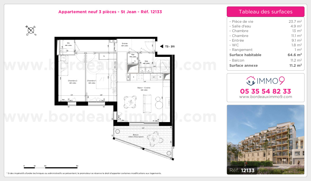 Plan et surfaces, Programme neuf Bordeaux : St Jean Référence n° 12133