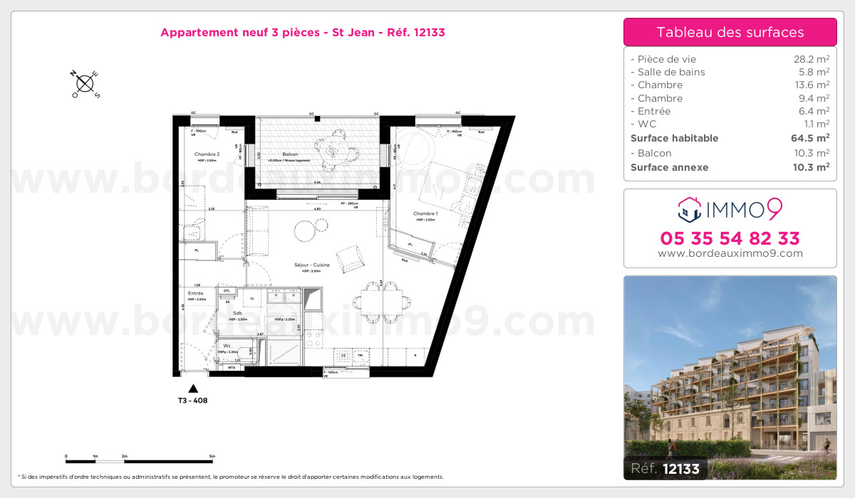 Plan et surfaces, Programme neuf Bordeaux : St Jean Référence n° 12133