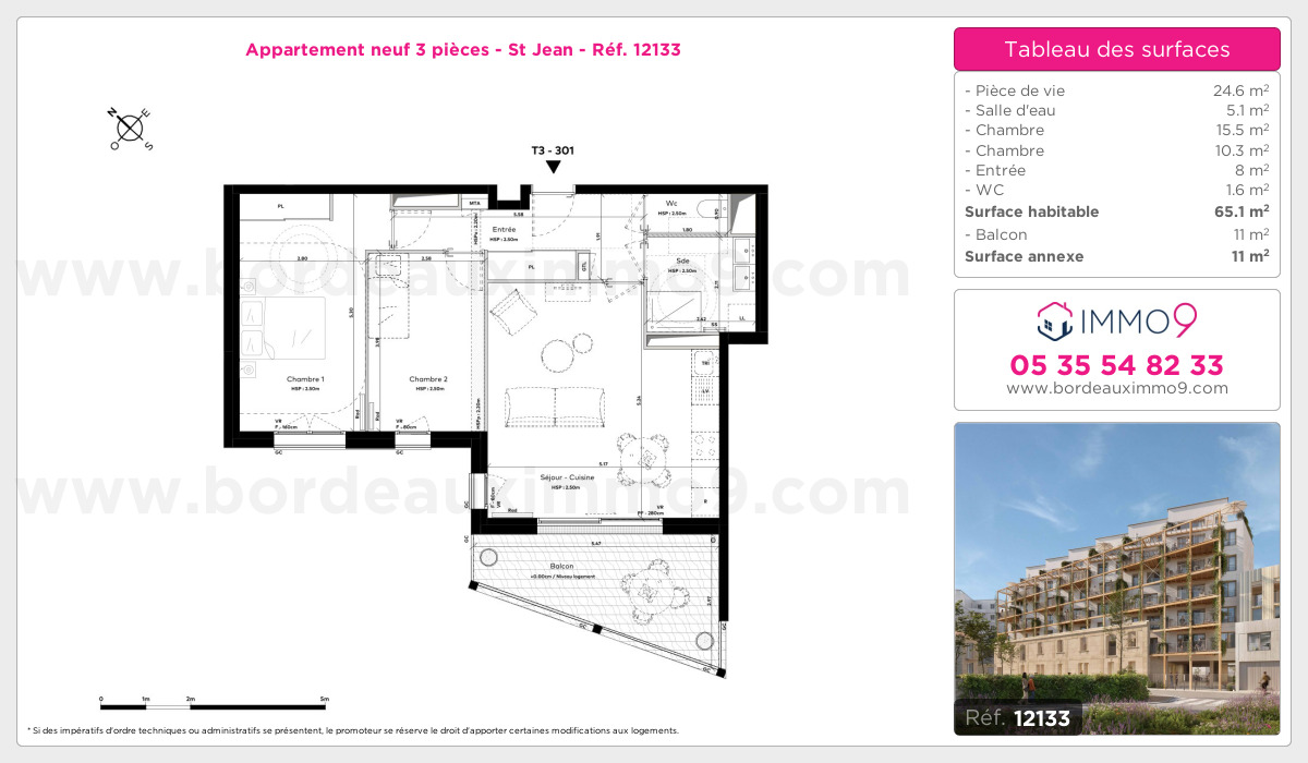 Plan et surfaces, Programme neuf Bordeaux : St Jean Référence n° 12133