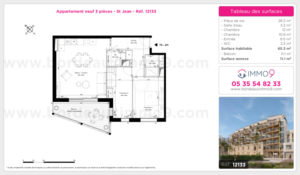Plan et surfaces, Programme neuf Bordeaux : St Jean Référence n° 12133