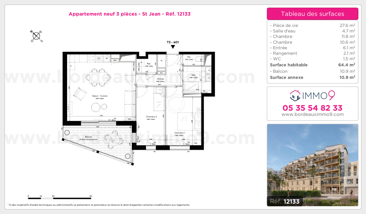 Plan et surfaces, Programme neuf Bordeaux : St Jean Référence n° 12133